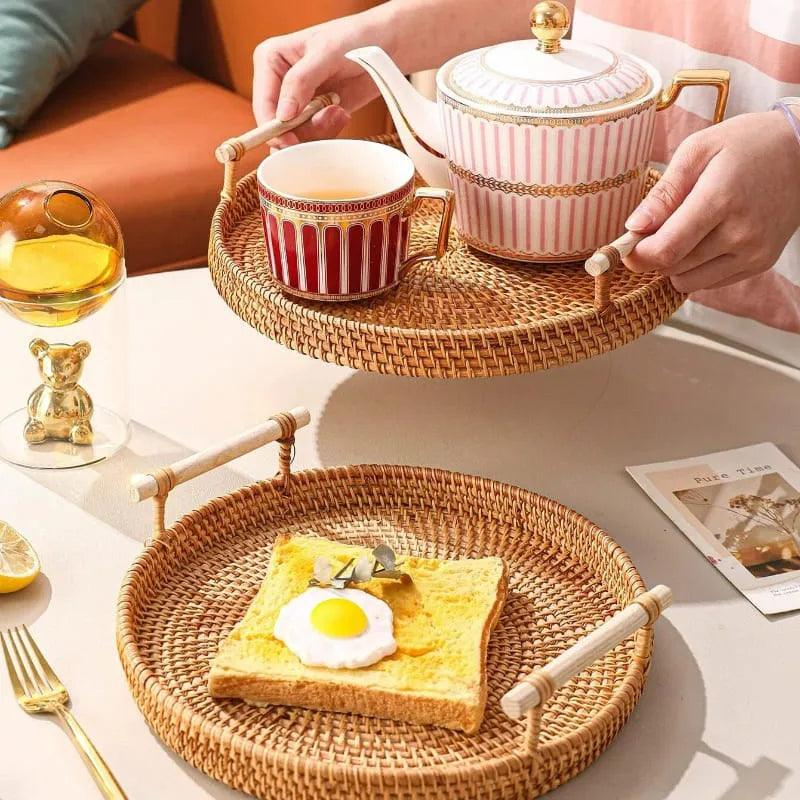 Bandeja Decorativa Para Cantinho Do Café De Rattan Redonda - ForhouseS