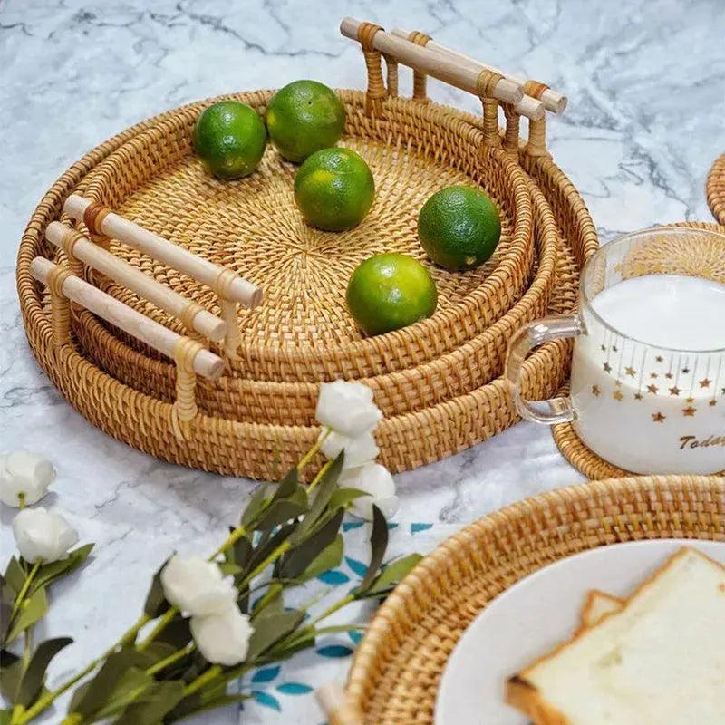 Bandeja Decorativa Para Cantinho Do Café De Rattan Redonda - ForhouseS